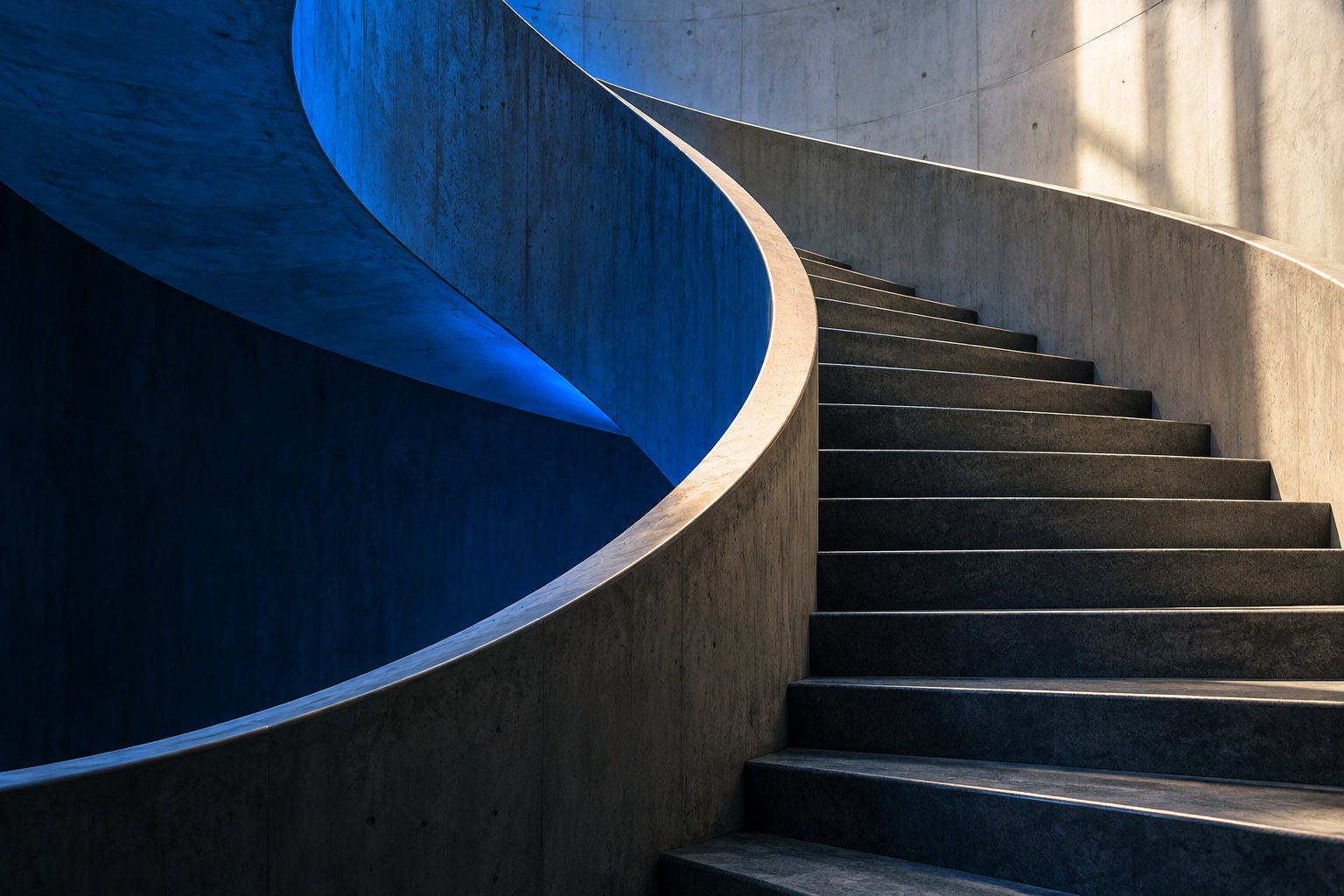 A sculptural staircase illuminated by blue light